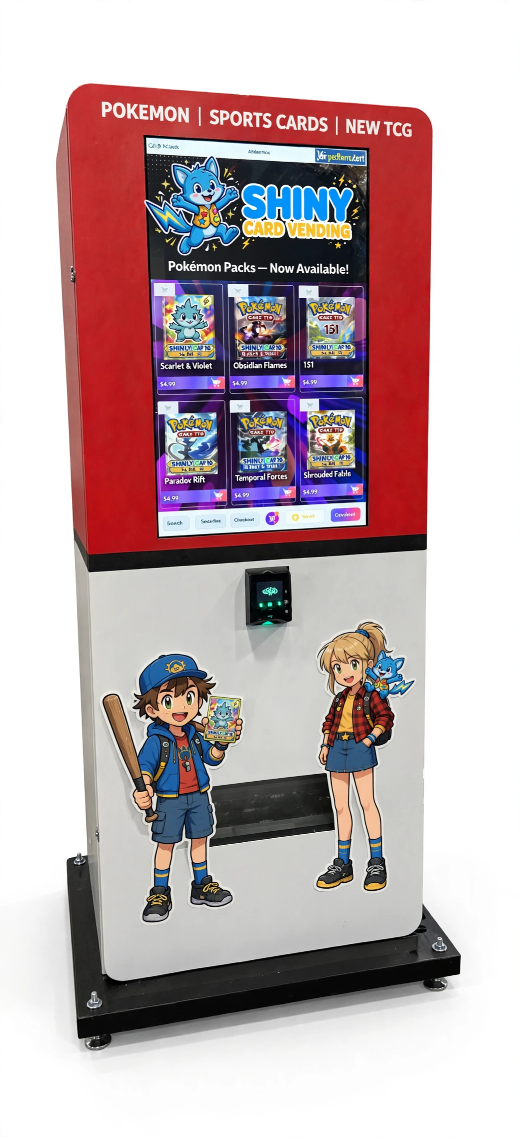 Shiny Card Vending machine — branded tower stocked with Pokémon, sports cards, and new TCGs